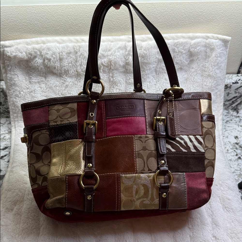 Coach Patchwork Tote Bag - Red, Brown, Gold